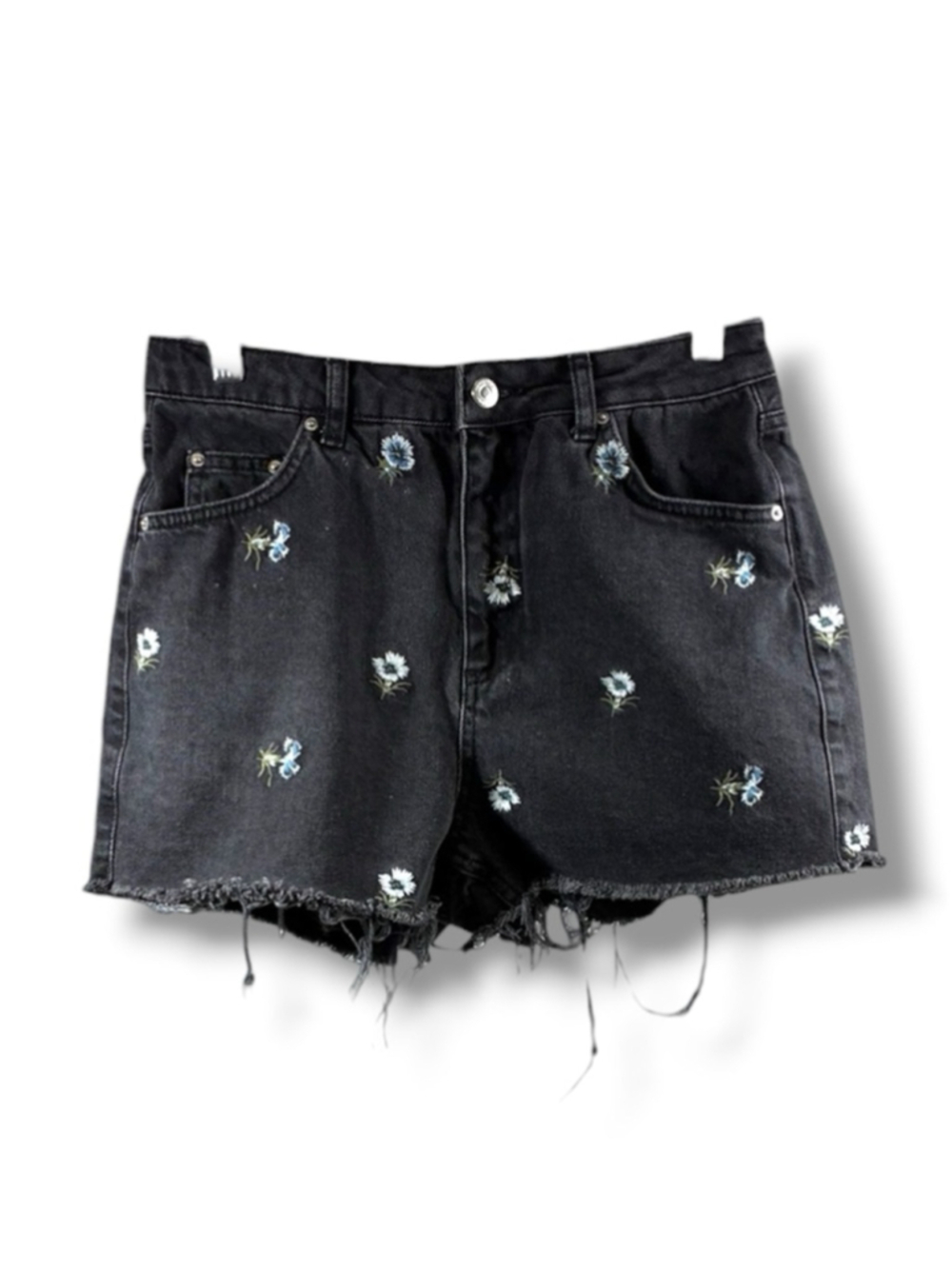 Topshop Moto Floral Embroidered Distressed Jean Shorts in Black Size 8